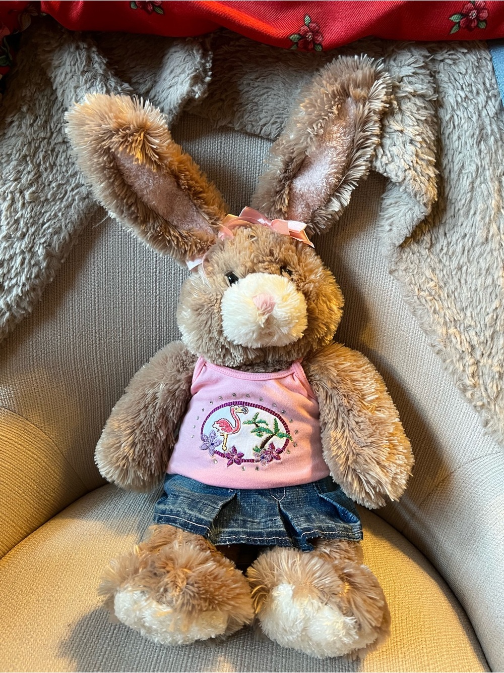 Mocha Bunny in Flamingo Tank & Denim Mini Skirt- Y2K- Build A Bear